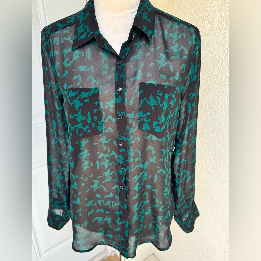 GUESS. Black and Emerald Green, Sheer, Long Sleeve Blouse. S-M. 2-Front …